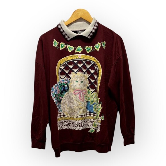Vintage Sweaters - Vintage Cat Graphic Burgundy Long Sleeve Collared Sweatshirt Medium